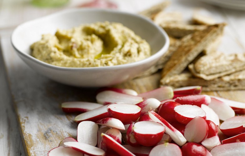 Toasted garlic hummus with radishes and pitta bread appetite magazine