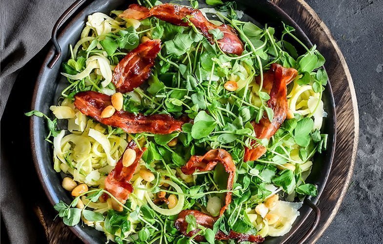Manchego, honey cooked bacon and almond salad