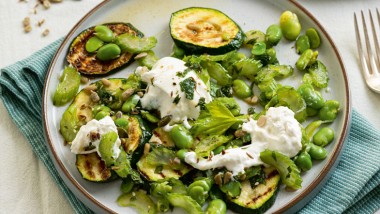Burrata with grilled courgette, celery & toasted seeds
