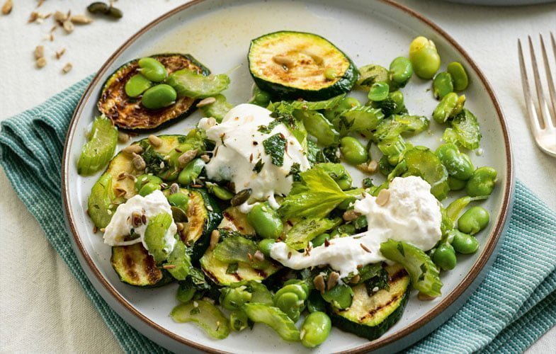 Burrata with grilled courgette, celery & toasted seeds