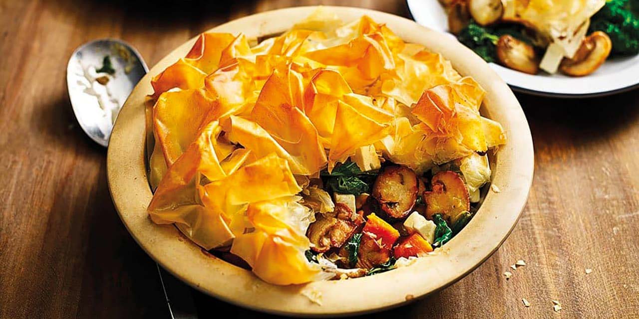 Mushroom, spinach, kale and sweet potato pie