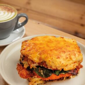 Turkey, bacon and brie toasted sandwich with chicken gravy dunk