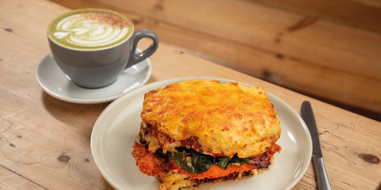 Turkey, bacon and brie toasted sandwich with chicken gravy dunk