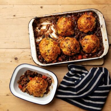 Beef cobbler with cheddar and leek dumplings and Welsh rarebit filling