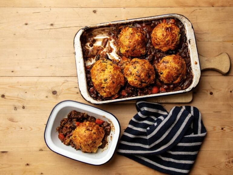 Beef cobbler with cheddar and leek dumplings and Welsh rarebit filling