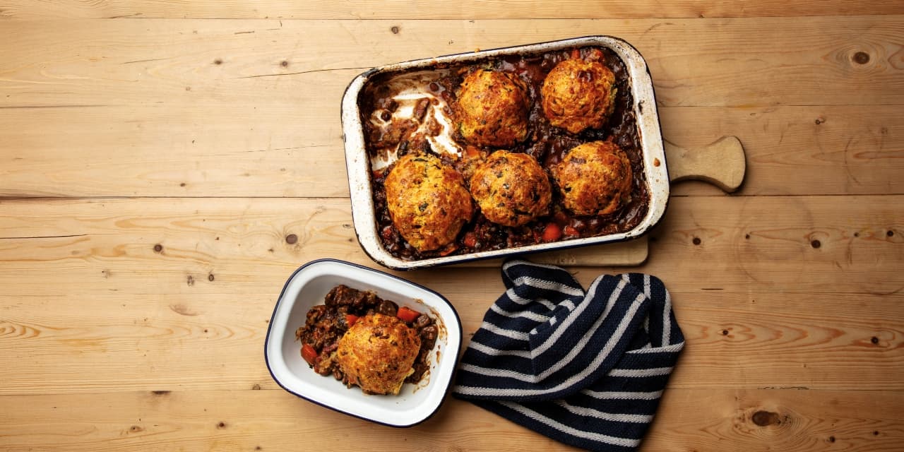 Beef cobbler with cheddar and leek dumplings and Welsh rarebit filling